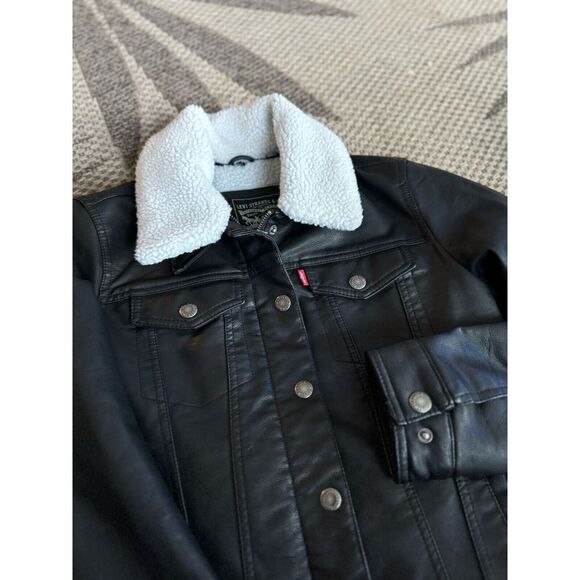 Levi's‎ Faux Leather Jacket Womens XS Black Moto Sherpa POCKETS NWOT - Picture 1 of 5